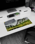 My Hero Academia mouse pad, 28x12 inches, featuring serene nature design with towering pines, misty mountains, and calm water reflections.