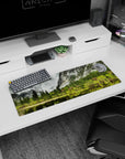 Artistic 32x12 inches mouse pad featuring serene nature design, with lush greens, pines, misty mountains, and calm waters for tranquility.
