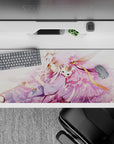 Calm lavender and blush pink anime desk pad 36x16 inches with dreamy wings and gentle petals.