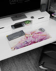 28x12 inches mouse pad showing a serene anime girl in lavender robes with a sleepy cat companion and ribbons.