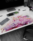 Anime girl in lavender robe with blush wings and a sleepy cat companion desk pad 40x20 inches.