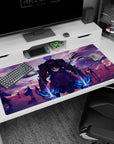 Large 40x20 inches desk pad featuring Rin Tohsaka and Archer from Fate/Stay Night, capturing their epic charge with glowing weapons and fierce determination.