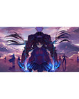 Desk pad featuring Rin Tohsaka and Archer from Fate/Stay Night, 40x20 inches, with glowing weapons and an intense atmosphere.