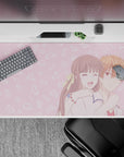 Blush-pink 40x20 inches anime desk pad, candy-cloud doodles, gentle romantic vibe with smooth tracking.