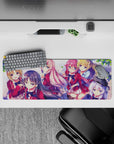 Anime girl mouse pad 32x12 inches in soft pinks, cherry red blazers, and navy hair for a bright vibe.