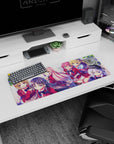 Anime girl mouse pad 32x12 inches featuring two schoolgirls in red blazers with spring leaves and sky tones.
