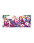 28x12 inches anime girl mouse pad with school club scene, cherry red blazers, leaves, pastel backdrop.