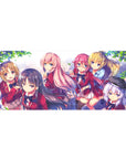 36x16 inches anime girl desk pad with school club scene, leaves framing a pastel spring background.