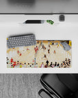 28x12 inches anime mouse pad in warm gym light, black-orange vs red jerseys, loud tournament vibe on wood court.