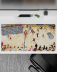 32x16 inches anime mouse pad in warm gym light, black-orange vs red jerseys, loud tournament vibe.