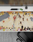 Warm gym-lit 40x20 inches anime desk pad in black-orange vs red jerseys, loud tournament vibe on wood court.