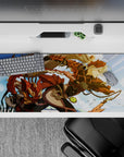 Bold anime girl desk pad 36x16 inches in fiery orange and soft blue clouds, playful adventure vibe.