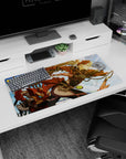 Anime girl mouse pad 32x16 inches showing an armored anime girl in sunlit clouds beside a sly fox mask.