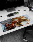Anime girl desk pad 36x16 inches showing a bronze-armored heroine in sunlit clouds with a sly fox mask.
