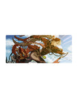 Anime girl mouse pad 28x12 inches with sky hero art, bronze armor, and a fox mask companion.