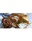 Anime girl desk pad 36x16 inches with sky-born hero art, bronze armor, and fox mask companion.