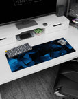 Artistic 32x12 inches mouse pad with an abstract blue design, featuring transparent layered squares for a tech-inspired and modern look.