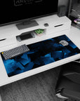 Artistic 36x16 inches mouse pad featuring abstract blue design with layered transparent squares, creating depth and a futuristic, digital look.