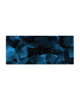 Mouse pad featuring abstract blue design, 28x12 inches, with layered transparent squares creating depth and a sleek digital vibe.