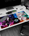 Dark-haired mage with purple orb faces blonde heroine in teal on 40x20 inches anime desk pad.