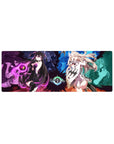 Split-screen spellcaster anime girl mouse pad, 32x12 inches, violet mage vs icy heroine desk mat.
