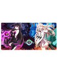 Split-screen spellcaster duel anime girl mouse pad, 32x16 inches, violet mage vs icy heroine artwork.