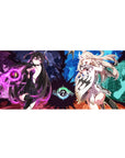 Split-screen spellcaster duel anime girl desk pad, 36x16 inches, neon violet vs icy blue heroes.