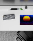 Small-sized 14x10 desk mat with cosmic design adds bold retro-futuristic energy to any desk or workspace