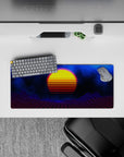 Compact 28x12 desk mat highlights cosmic depth and glowing grids for immersive vaporwave vibes