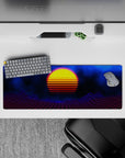 Intense 32x12 desk mat features glowing grids and cosmic sunset with intricate starry sky details for fans