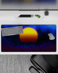 Dynamic 32x16 desk mat combines deep space, sunset glow, and grid lines for impactful vaporwave visuals