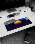 Dynamic Cosmic Sunset Grid artwork on 28x12 desk mat perfect for celebrating synthwave nostalgia