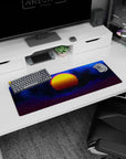 Small but impactful 32x12 desk mat showcases retro-futuristic vibes with striking synthwave artistry