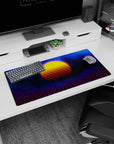 Synthwave design on 32x16 desk mat brings Cosmic Sunset Grid's vibrant aesthetic to life vividly