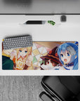 KonoSuba anime mouse pad 32x12 inches featuring Kazuma, Aqua, Darkness, and Megumin in a tavern scene with warm lighting.