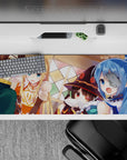 KonoSuba anime desk pad 36x16 inches featuring Megumin, Kazuma, Aqua, and Darkness in a lively tavern scene.