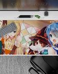 KonoSuba 40x20 inch desk pad featuring Kazuma, Aqua, Darkness, and Megumin in a lively tavern scene, perfect for anime fans.
