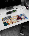 Anime mouse pad 32x12 inches featuring KonoSuba dinner scene with Kazuma, Aqua, Darkness, and Megumin in tavern.
