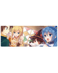 KonoSuba mouse pad 32x12 inches featuring Kazuma, Aqua, Darkness, and Megumin in a lively tavern dinner scene.