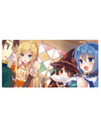 KonoSuba anime mouse pad 32x16 inches featuring Kazuma, Aqua, Darkness, and Megumin in a lively tavern scene.