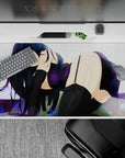 40x20 inches mouse pad in deep violet and black, soft white bokeh background, cozy late-night vibe.
