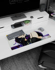 28x12 inches anime girl mouse pad showing a shy dark-haired girl lounging, glossy highlights, thigh-highs.