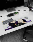 32x12 inches anime mouse pad showing a shy dark-haired girl lounging on a soft white bokeh backdrop.