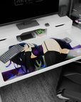40x20 inches anime desk mat showing a shy smiling girl lounging, glossy hair, thigh highs, sparkles.