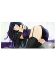 32x16 inches anime girl mouse pad with dark-haired beauty, violet sparkle wrap, and black thigh highs.