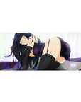 36x16 inches anime girl desk pad with dark-haired beauty in violet sparkle wrap and black thigh highs.