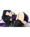 40x20 inches anime girl desk pad with dark-haired beauty in violet sparkle wrap and black thigh highs.