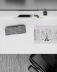 14x10 inches classic anime mouse pad in black lines with cool blue-white accents, sci-fi hangar vibe.
