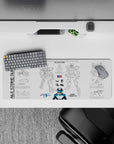 32x12 inches anime mouse pad in black line art with cool blue and white accents, sci-fi hangar vibe.