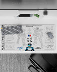 32x16 inches anime mouse pad in crisp black lines with cool blue-white accents, sleek hangar blueprint vibe.